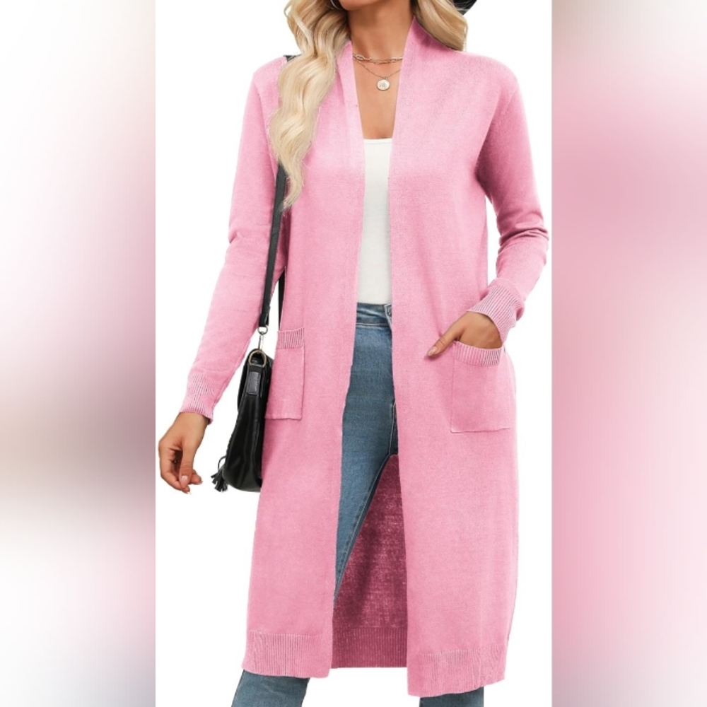 zeagoo Pink Long Open-Front Cardigan with Pockets
